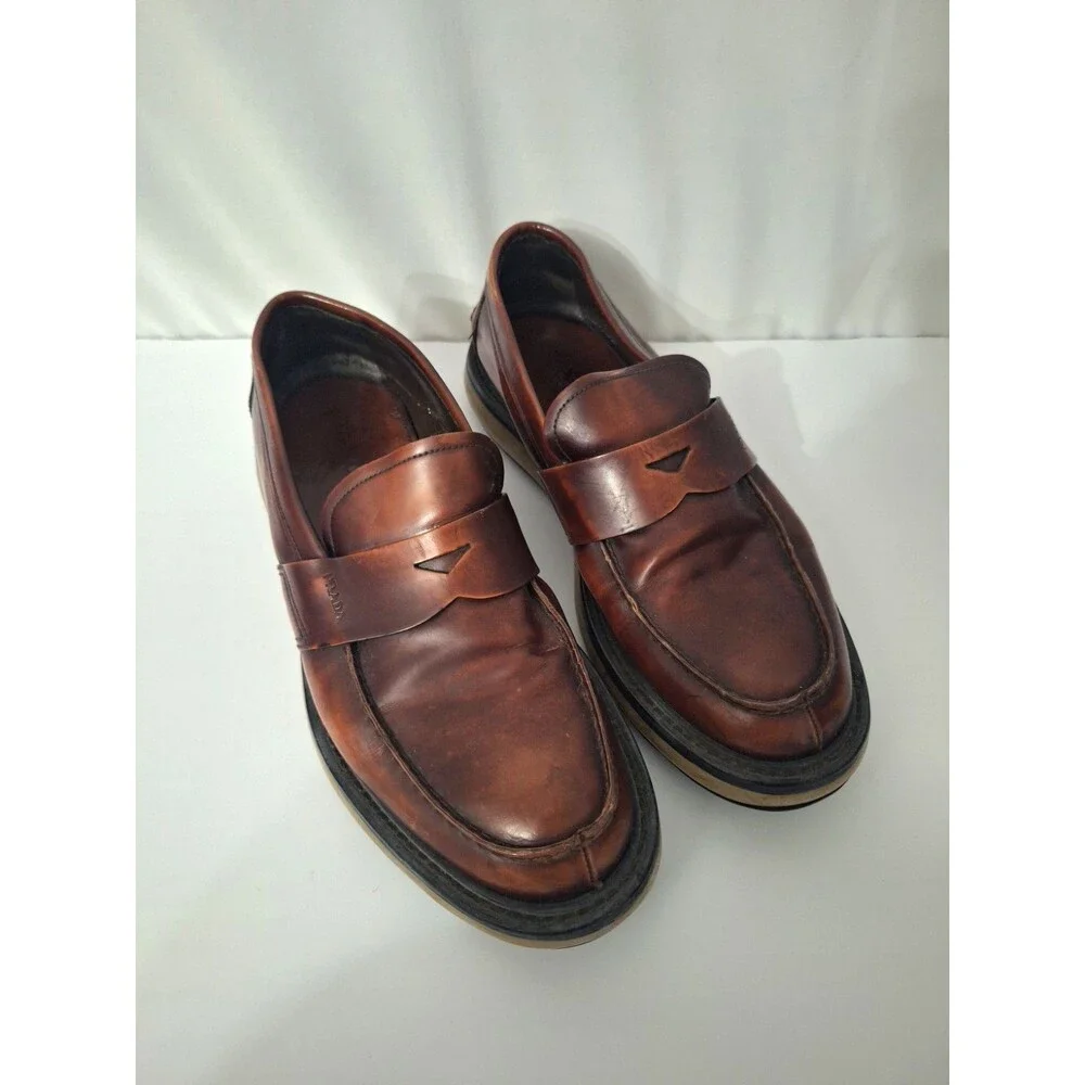 PRADA Mens Leather Loafers Sz 9.5 Brown Chunky Preppy Vintage Y2K School Teacher